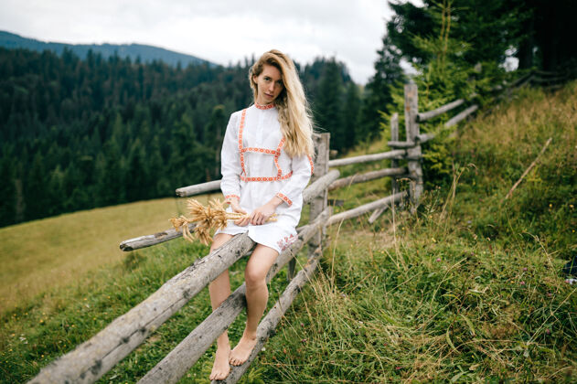 乡村年轻迷人的金发女孩 穿着白色连衣裙 戴着饰物坐在木栅栏上 小穗花束点缀着风景如画的乡村风景女孩金发人