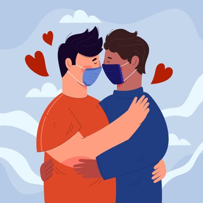 冠状病毒面具平面情侣亲吻与covid面具插图对二人关系