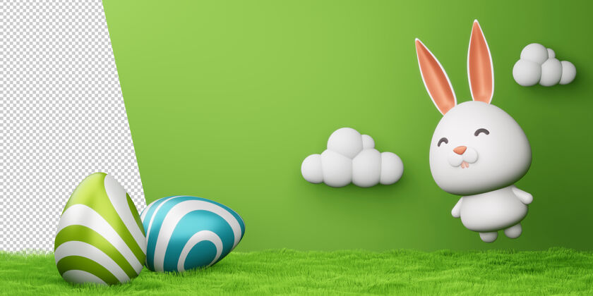 彩色复活节快乐可爱的兔子彩蛋3d渲染复活节3d鸡蛋
