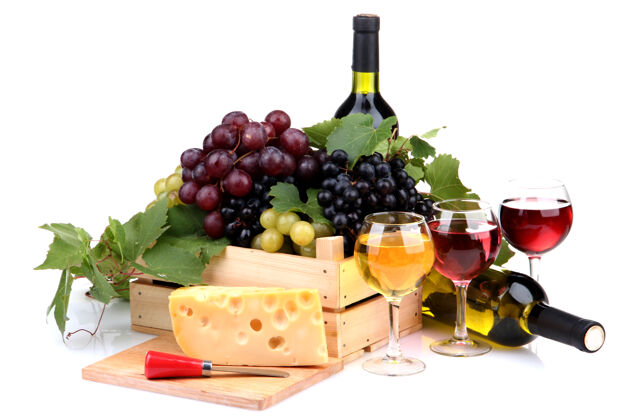 葡萄园一瓶瓶一杯的葡萄酒 各种各样的葡萄和奶酪 都是白色的季节杯子瓶子