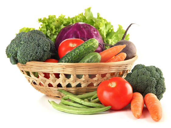 季节不同的蔬菜在篮子里隔成白色不同颜色生菜