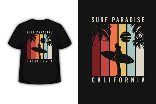 加利福尼亚T恤设计与冲浪天堂加州在红橙色和灰色T恤海洋垃圾
