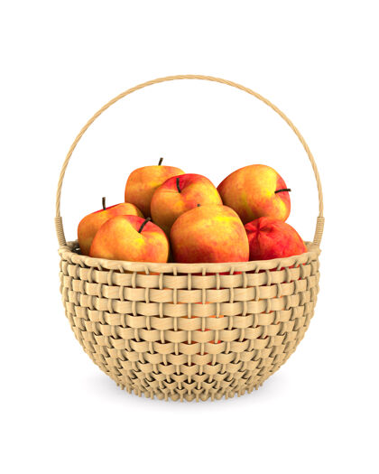 稻草木制柳条篮和苹果放在空白处孤立的三维插图藤条编织吃