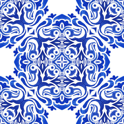 靛蓝织物用无缝装饰水彩画图案奖章锦缎瓷砖花卉经典西班牙