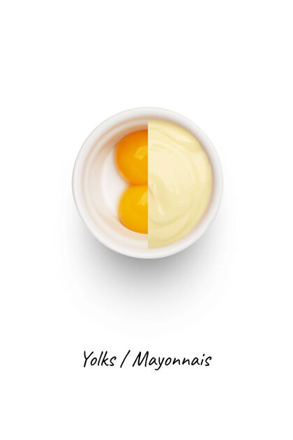 烹饪蛋黄酱和蛋黄放在一个白色的碗里 隔离在白色上 俯视图食谱新鲜桌子