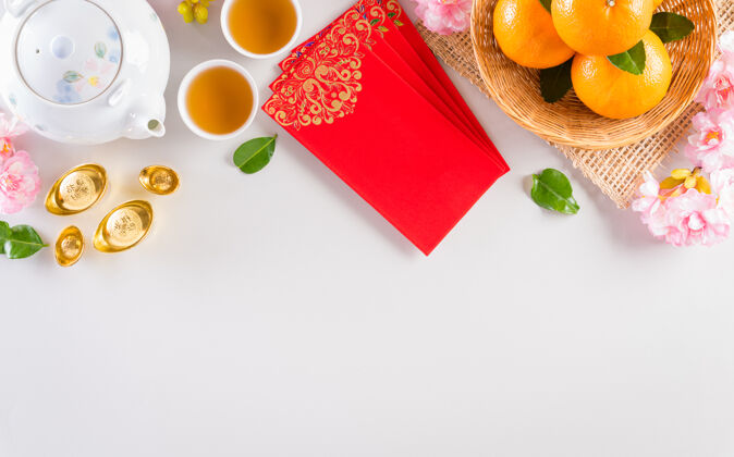 中国中国新年的节日装饰品有红包 橘子和金锭传统亚洲东方