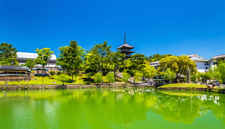 佛教日本奈良的五层宝塔上有一座五层宝塔日本塔湖泊