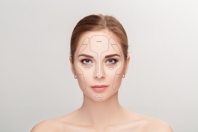 灰色轮廓制造灰色的女人脸背景轮廓突出显示化妆师面部化妆样本粉底美丽白色