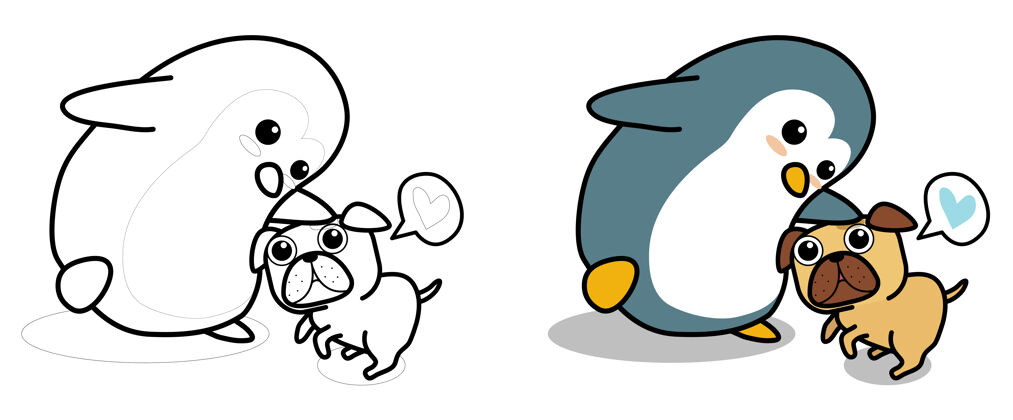 野生动物企鹅和狗charecter儿童卡通彩页狗企鹅美丽