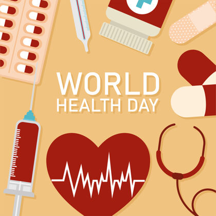 瓶子世界卫生日字体和健康图标上的橙色背景矢量插图设计全球医疗保健医学