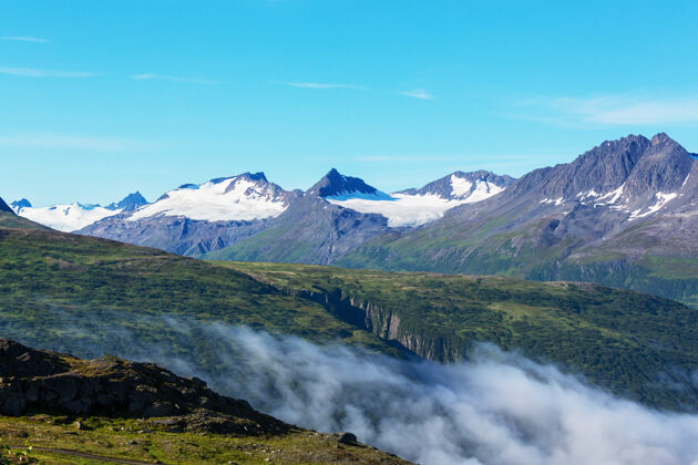 风景美国阿拉斯加风景如画的山脉夏天下雪覆盖着山丘 冰川和岩石山峰国家旅行自然