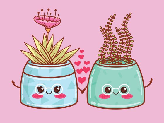 复古可爱的夏日花盆卡通人物插图.情侣概念花花园花盆