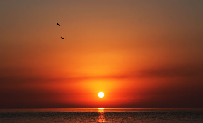 阳光美丽的日落在黑海的佐治亚州 地平线和五颜六色天空橙色还有红色浪漫海洋波浪