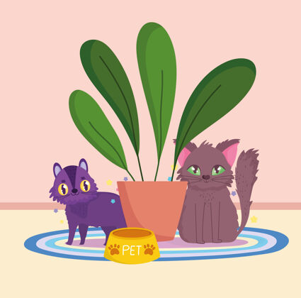食物可爱的猫坐在碗食品和盆栽植物矢量插图碗宠物坐