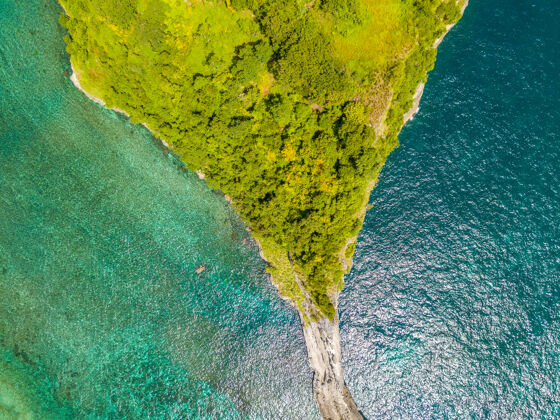 拍摄印度尼西亚一个小岛的顶端覆盖着丛林.空中垂直向下查看海岸线季节印度尼西亚