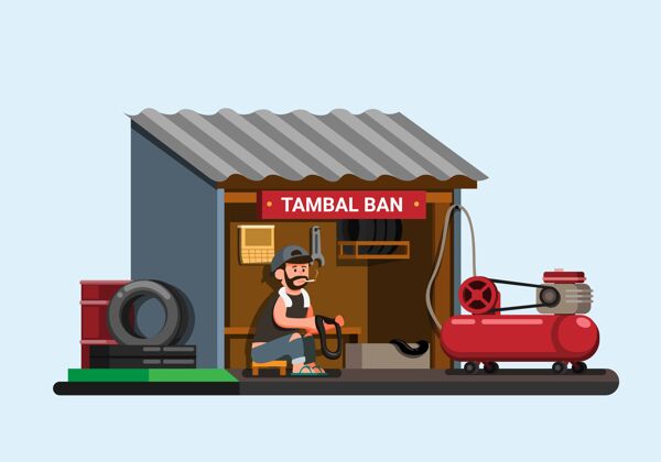 专业印尼轮胎修理厂又名坦巴尔班卡通车轮门面