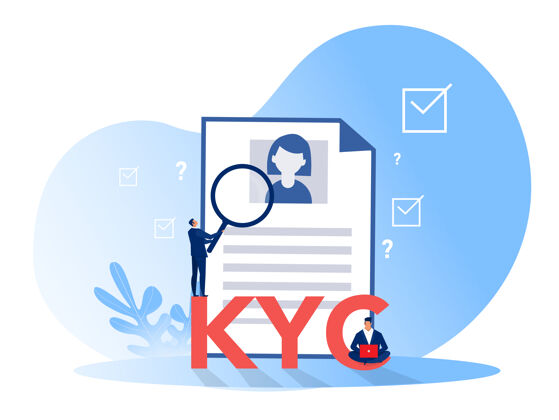 分析师Kyc或了解您的客户与企业核实其客户的身份的概念 在合作伙伴要通过一个放大镜识别搜索个人