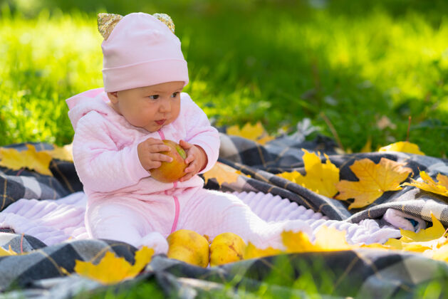 秋天小女婴坐在地毯上 周围是五颜六色的黄色落叶 在绿草茂盛的树荫下 手里拿着一个金苹果吸收兴趣公园
