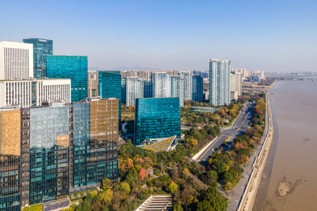 天际线中国杭州现代城市建筑景观天际线航拍街道商业区全景