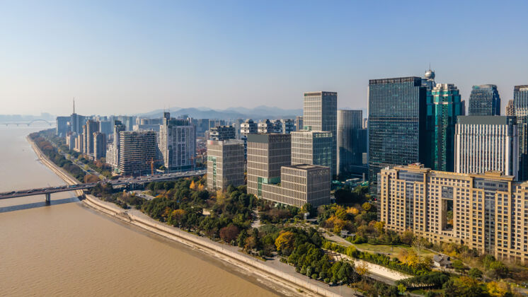 大都市中国杭州现代城市建筑景观天际线航拍地标摘要透视