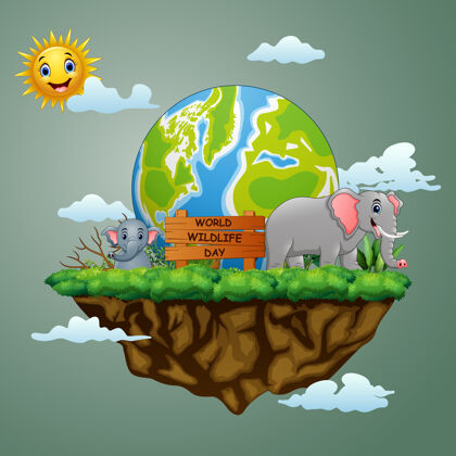 植物世界野生动物日标志与母象和她的幼崽星球保护生态