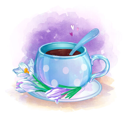 咖啡馆一个优雅的蓝色茶杯放在一个有白色番红花的茶碟上花卉叶心