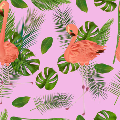 异国情调热带树叶和火烈鸟的无缝图案鸟动物纹理