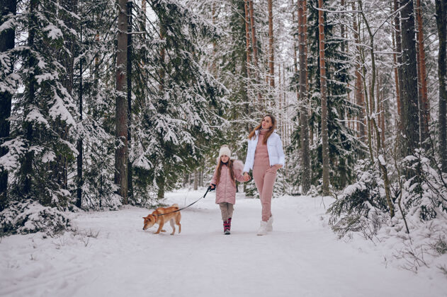 童年快乐家庭年轻妈妈和可爱的小女孩穿着粉色温暖的外套 在雪白寒冷的冬季森林户外和红色的石坝犬一起散步 玩得很开心玩雪西伯利亚