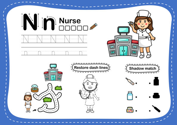 练习字母n护士与卡通词汇练习着色语言字母