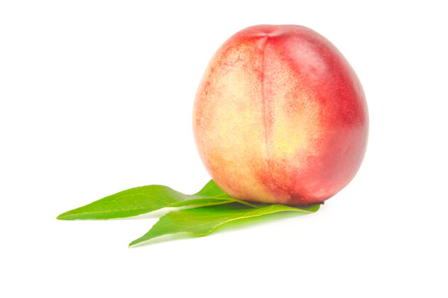 食物有两片叶子的油桃果实 被隔离在白色的切口上油桃饮食白色