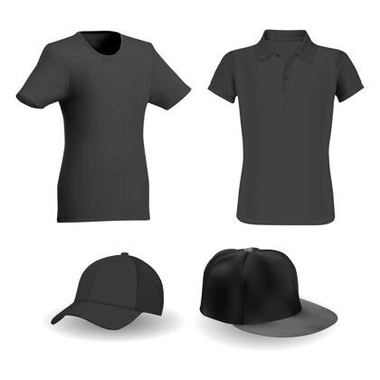 领子黑色T恤 黑色棒球帽矢量模板运动帽子男孩