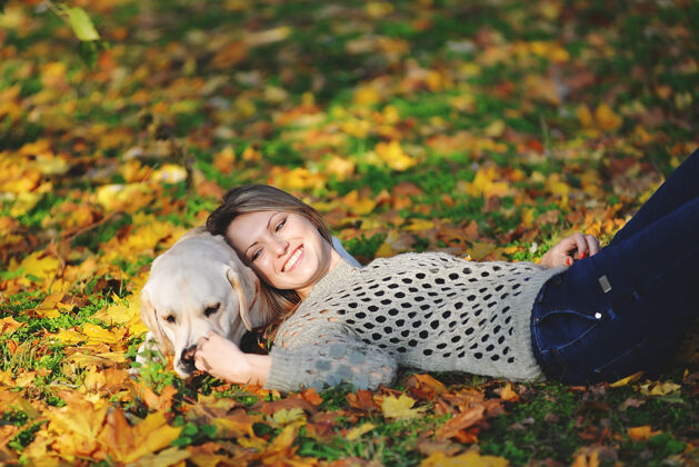 温暖秋天 金发女郎和她的拉布拉多犬躺在公园里的黄叶上狗朋友谎言