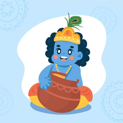 宗教婴儿克里希纳吃黄油的手绘插图黄油印度教8月31日
