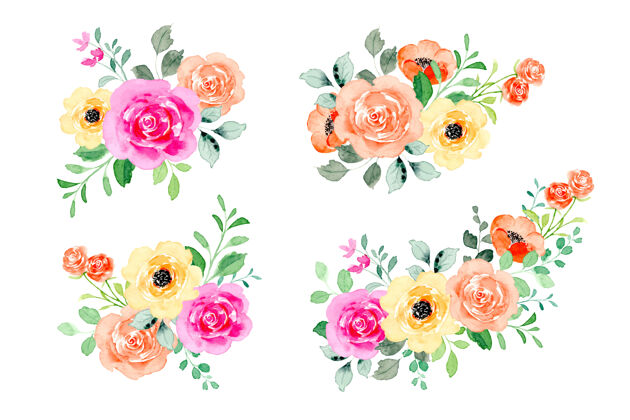 花收集五颜六色的水彩花束花复古水彩画