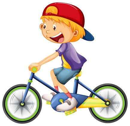 年轻一个骑自行车的男孩卡通人物孤立于白色骑行自行车男人