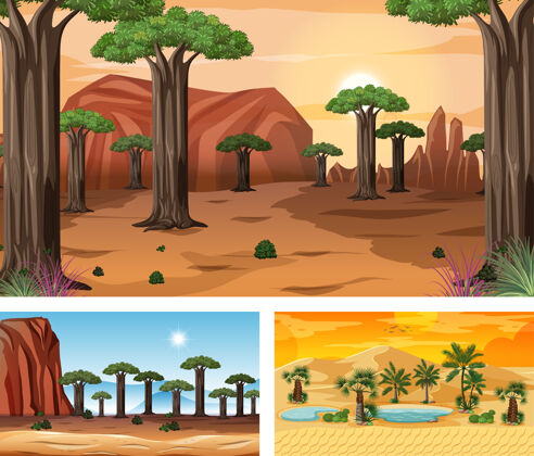 非洲卡通风格的不同自然横景温暖空白沙漠