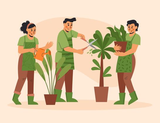 园艺平面设计的人照顾植物社会市民自然