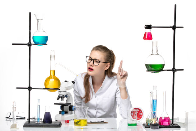 化学前视图穿着白色医疗服的女医生坐在桌子前 用白色办公桌上的解决方案病毒冠状病毒大流行化学视图实验室坐姿