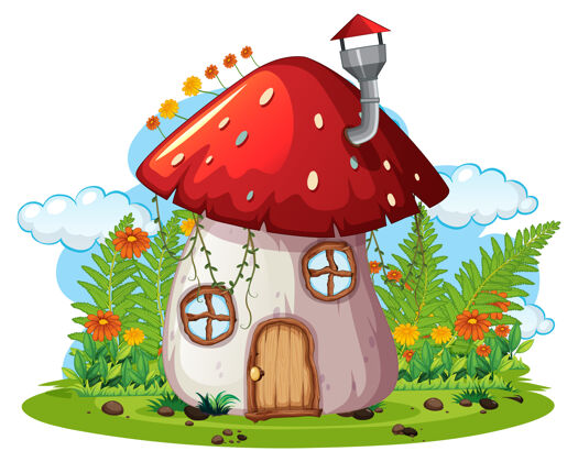 空白梦幻蘑菇屋隔离在白色艺术家魔术想象