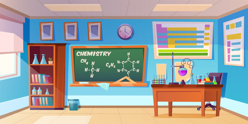 房间化学柜空空的教室实验室室内 黑板上有化学公式教师室内瓶