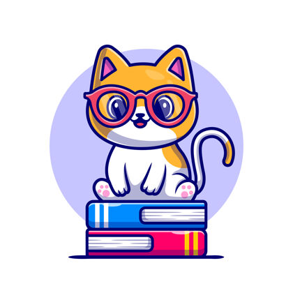猫可爱的猫坐在书堆卡通图标插图动物教育图标孤立平面卡通风格动物平面设计卡通人物