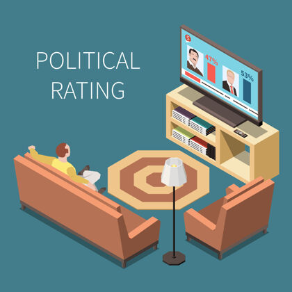 房子政治评级等距插图与男子在家里看电视与政治竞争对手在屏幕上等轴测电视人