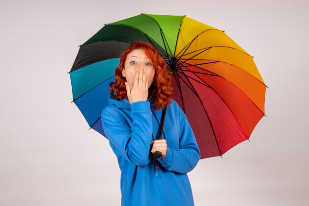 空气白色墙壁上带着彩色雨伞的年轻女性的正视图天气掩护人