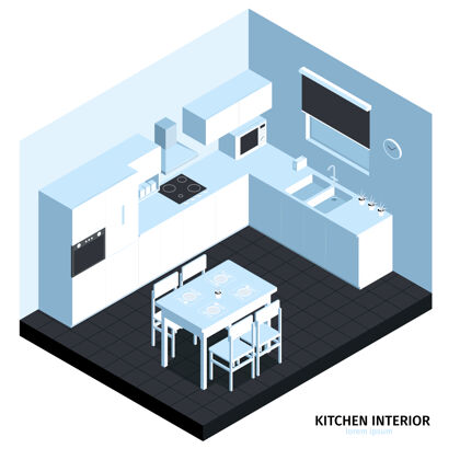 等距等距厨房构成 具有房间的立体视图 配有干净的家具 烹饪机 水槽和桌子房间水槽机器