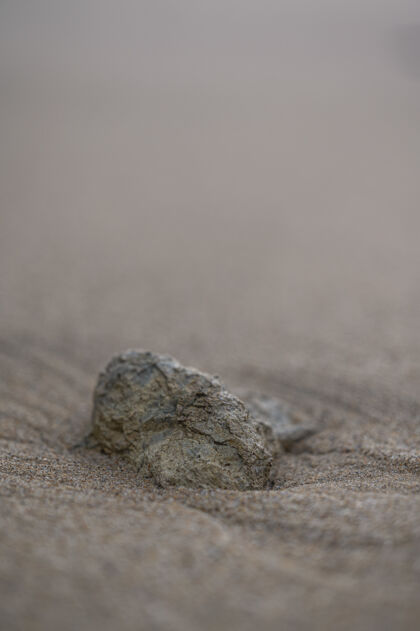 海岸沙滩上一块石头的垂直镜头沙子地面模糊