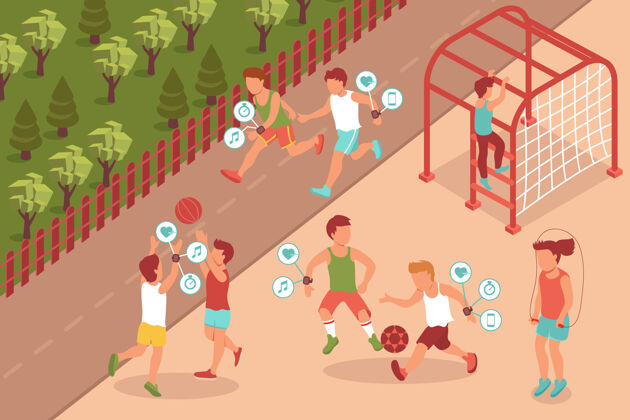 运动运动小玩意等距组成与户外风景和十几岁的孩子穿着电子健身配件插图字符等长健身青少年