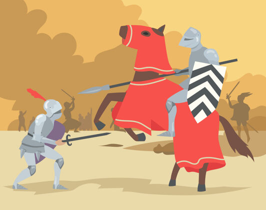 战斗骑在马上的骑士和下马的战士战斗古代决斗保护