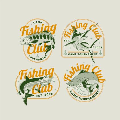 设置复古钓鱼徽章系列包装年份钓鱼
