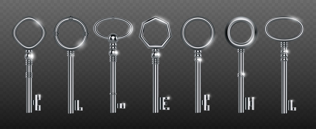 金属用银或钢做的装饰性钥匙设置闪亮解锁