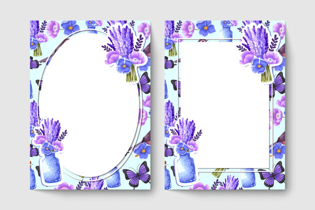 植物植物卡片上有紫色的花 叶子 罐子设置开花花卉